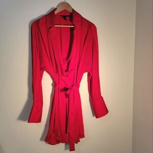 silky red BCBG shirt dress wrap tie waist holiday party sexy silk M